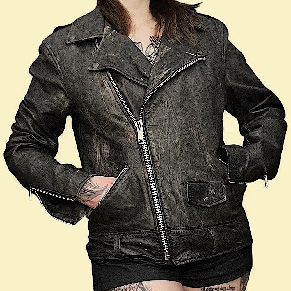 Distressed Black Leather Biker Jacket